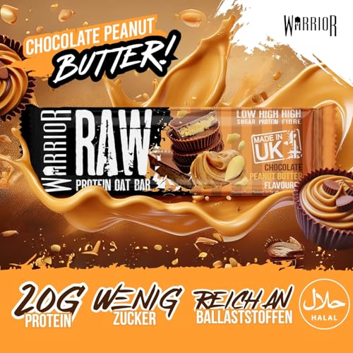 Warrior Raw Protein Riegel Flapjack (20 g) – 12 x 75 g – zuckerarmer, ballaststoffreicher Mahlzeitenersatz – gesunder Frühstücks-Hafer-Snack für Energie und Muskelwachstum (Schoko-Erdnuss)