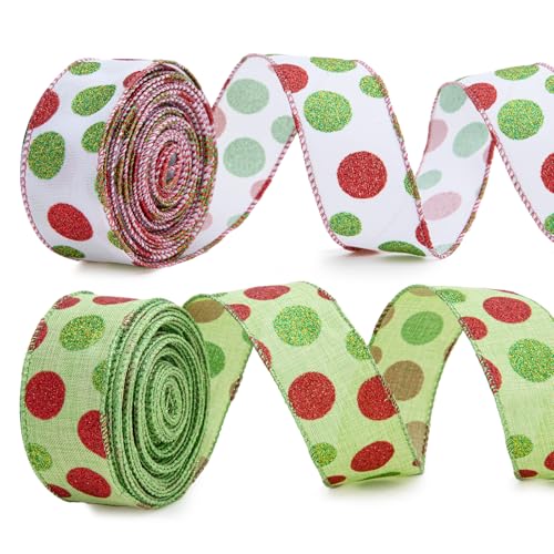 2 Rolls Christmas Wired Ribbon 20 Yards Green Red Glitter Dots Christmas Ribbon Xmas Burlap Decorative Ribbons for Xmas Tree Wreath DIY Craft Bows Gift Wrapping Party Supply(1.5 Inch)