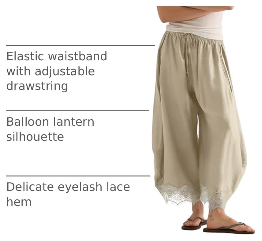  Women's Cropped Lace Hem Pants High Waist Drawstring Wide Leg Pants thumbnail