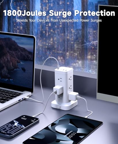 Tower Power Strip with PD 30W Fast-Charging Port, 12 Outlets, 4 USB Ports (2 USB-C), 1800J Surge Protector, Charging Station for Multiple Devices,10FT Extension Cord, White, Home Office Essentials - image 3