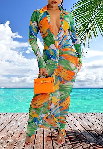 Women's Sexy Summer Sheer Mesh Dresses Button Down Long Sleeve See Through Swimwear Maxi Dress3
