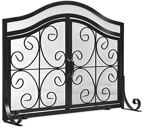 Tangkula Fireplace Screen, with Hinged Two-doors Large Flat Guard Screens, Wrought Iron Mesh, Steel Crest Fireplace Screen with Wrought Iron, Baby Safe Spark Guard Protector (44”L x 15’’W x 33. 5’’H)