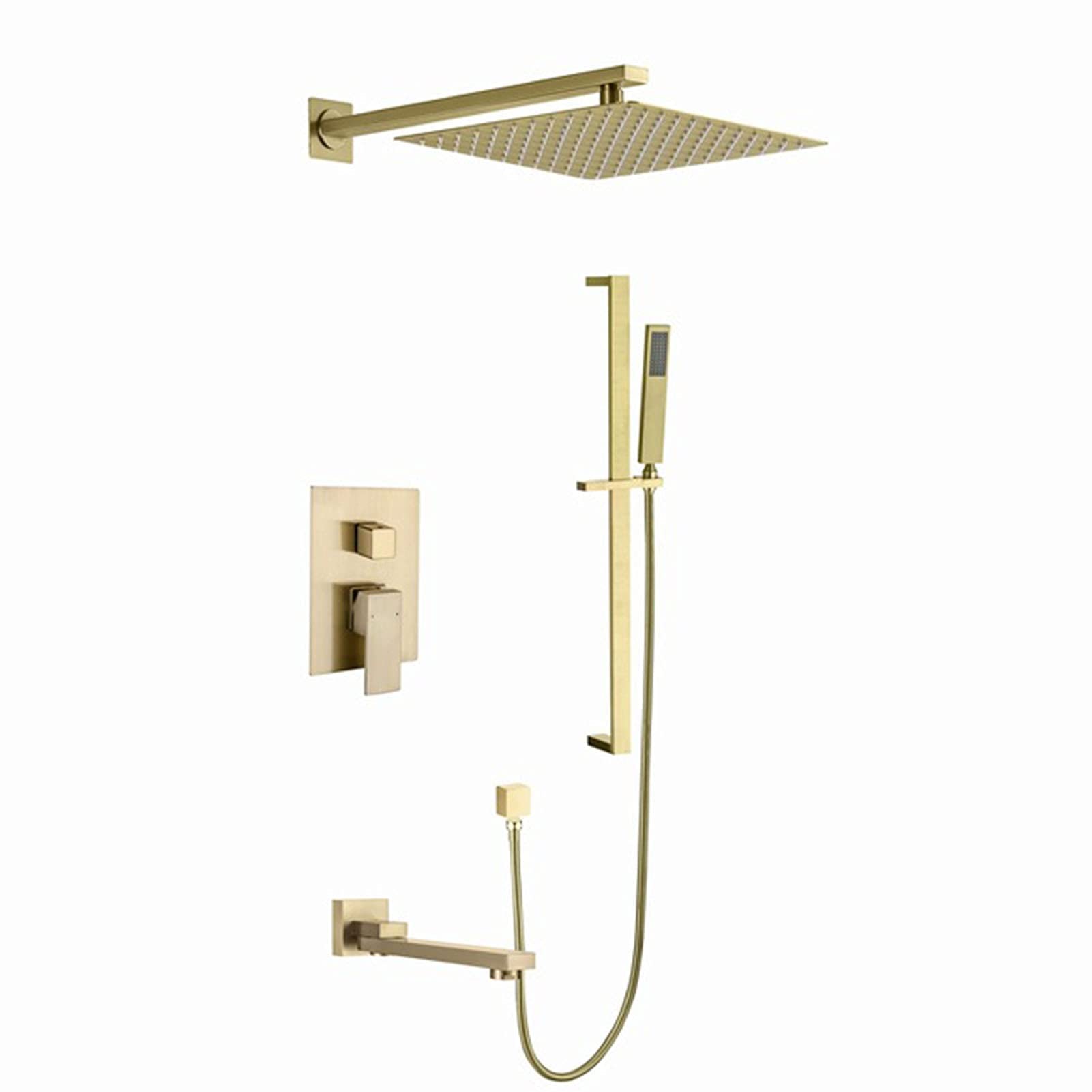 AYCDL Shower System Brushed Gold, Wall Mounted Slide Bar Shower Faucet Set with 10" Rain Shower Head, Handheld Shower, Tub Spout, Brass Shower Valve