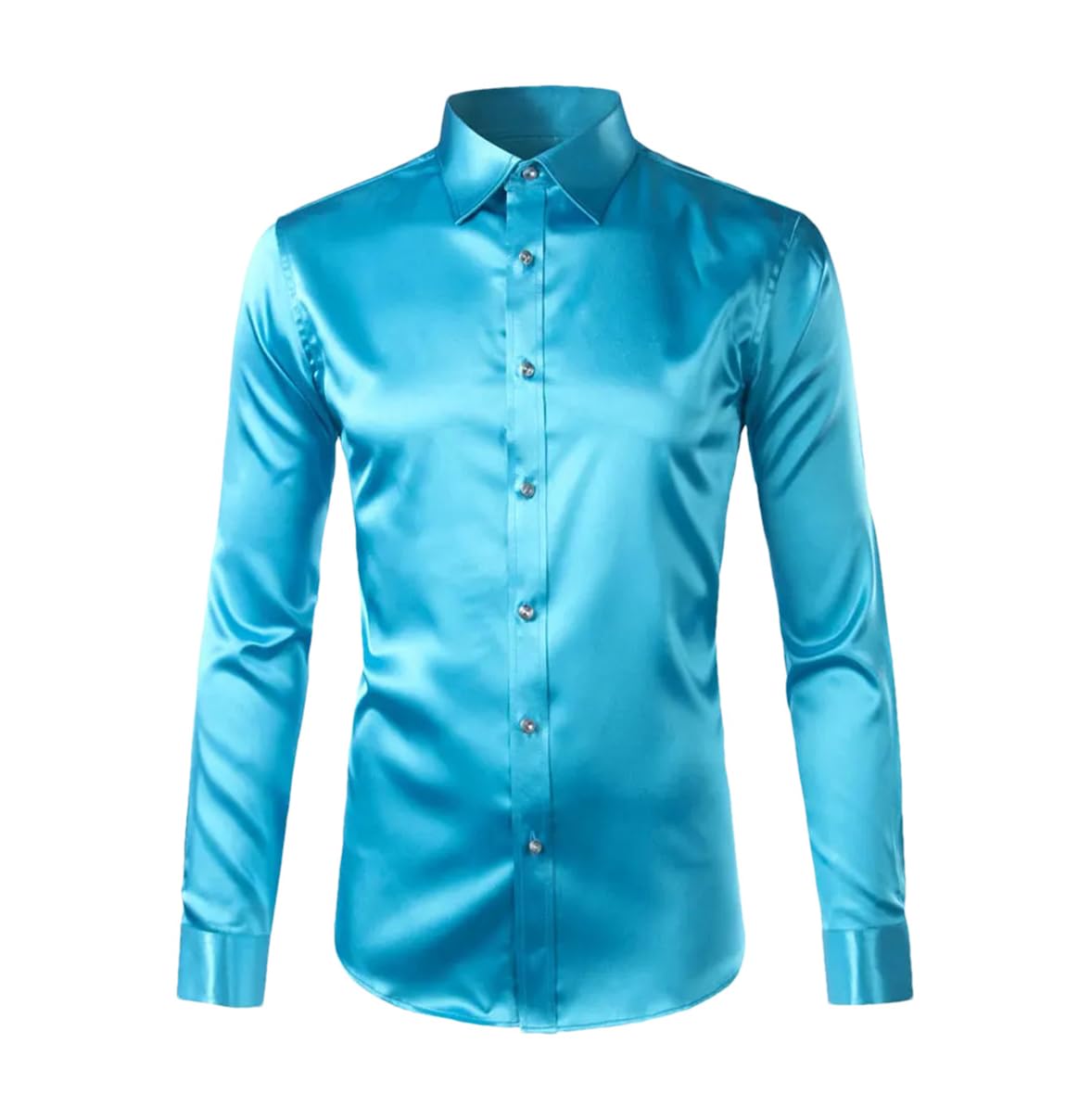 Suwequest Camicie da smoking senza pieghe in raso argento di lusso slim fit seta casual danza festa a maniche lunghe senza pieghe