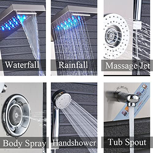 Sistema de torre de panel de ducha de acero inoxidable con cabezal de lluvia LED, ducha de mano, jets corporales, dispensador de agua para bañera y display de temperatura miniatura 3