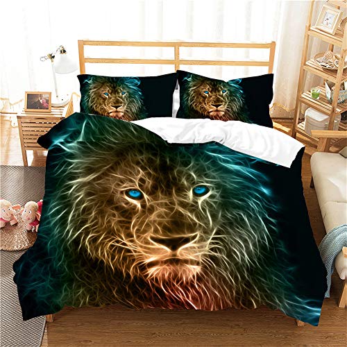 Chickwin Sets de Housses de Couettes 3D,Animal Lion Loup Tigre Imprimé Microfibre Parure de Lit 3 Pièces avec Housse de Couette et Taies d'oreiller pour Lit 1 ou 2 Personnes (Lion 3,220x240cm)