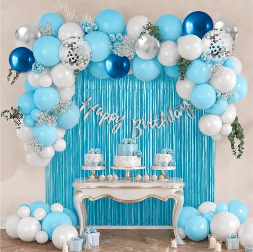 Image of Party Propz Pastel Blue Birthday Decoration Kit - 53 Pcs White, Blue and Silver Birthday Decoration Kit for Boys, Girls, Metallic Shiny Balloon Arch, Pastel Fringe Curtain, Birthday Banner (Cardstock)