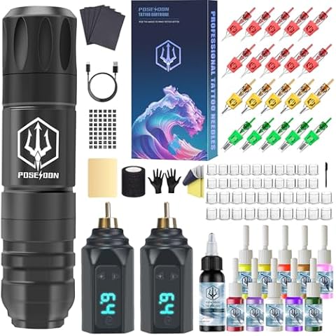 POSEIDON Tattoo Gun Kit - Wireless Tattoo Pen Kit Tattoo Kit with 2Pcs Tattoo Battery and 20 Pcs Tattoo Cartridge Needles, Complete Tattoo Machine kit Tattoo Supplies for Beginners Cover