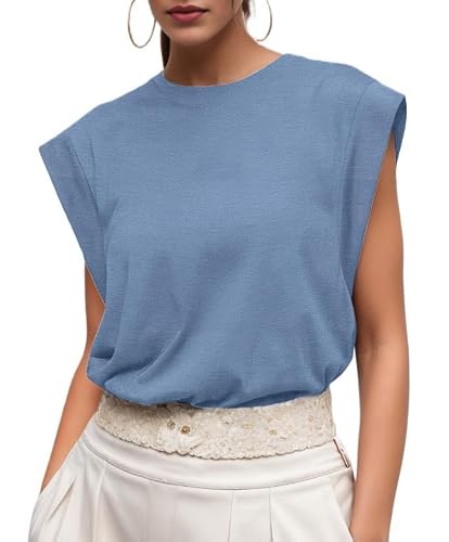 Image of GRECERELLE Womens Cotton T Shirts Cap Sleeves Loose Fit Basic Ladies Tops for Casual Comfort Soft Crew Neck Summer Tees (Denim Blue, L)
