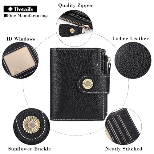Image of FALAN MULE Women RFID Blocking Genuine Leather Bifold Credit Card Case with Side Zipped Coin Pouch, Lichee Black, Casual
