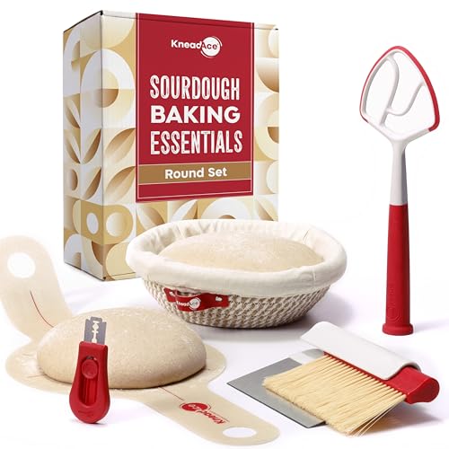 KneadAce Sourdough Kit, Sourdough essentials tools including round proofing basket, round bread sling, bread lame, bench scraper and baker's brush set and dough wand