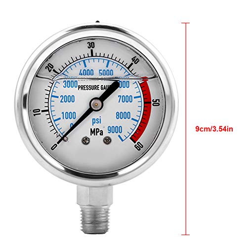 Hydraulic Pressure Gauge, 60MPA/9000PSI Base Entry NPT1/4 Liquid Filled Hydraulic Pressure Gauge Glycerin Liquid Filled Hydraulic High Pressure Gauge for Air Gas Water Oil Pressure Test
