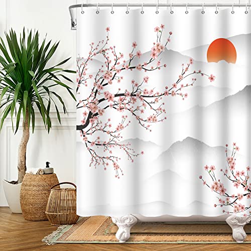 SDOTPMT 180x198cm Cortina de baño de Flores de Cerezo asiáticas Cortina de baño de Rama de Melocotón del Monte Fuji en Japón Las Cortinas del baño Sunrise Mist se utilizan para Decorar del baño