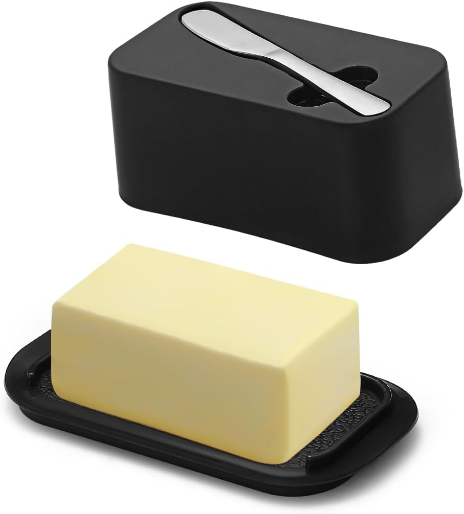 Beurrier en bambou noir avec couvercle, couteau, grand beurrier pour comptoir et réfrigérateur Beurrier en bambou noir avec couvercle, couteau, grand beurrier pour comptoir et réfrigérateur