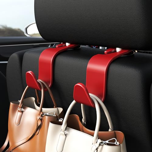 Image of 4-Pack Car Headrest Hooks Holds 55lbs Seat Storage Organizer for Bags | Durable ABS Material, 360 Rotating, Car Hanger for Backpack Umbrella Water Bottle Coat Purses Handbags Groceries, Red