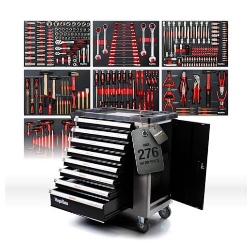 XL Werkzeugwagen Werkstattwagen mit 7 Schubladen davon 6 mit Werkzeug wie Schraubenschlüssel, Ratsche mit Nusskasten, Schraubendreher usw. in Soft Inlays in Carbonoptik befüllte Schubladen