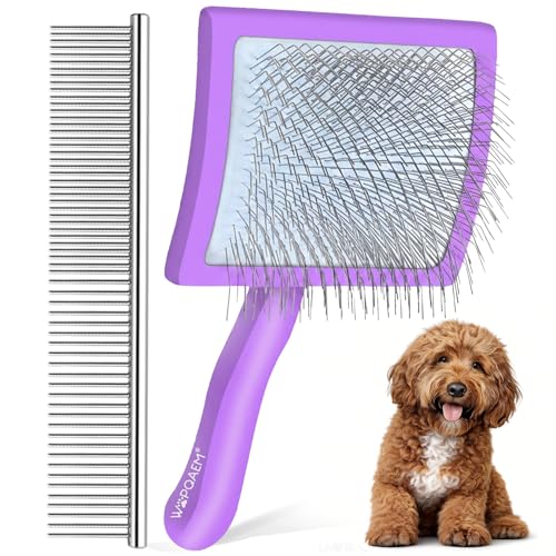 Image of Wooden Long Pin Slicker Brush for Dogs, Doodles, Poodles, Long Hair | Grooming, Detangling, and Fluffing for Wavy and Curly Hair-Designed for Heavy, Thick Coats to Prevent Matting at Home. Purple