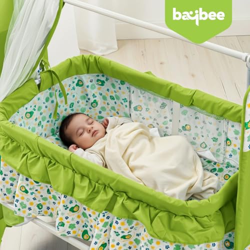 Image of BAYBEE Baby Cradle and Swing for Newborn Babies with Mosquito Net, Portable Jhula with 360 Wheel Lock, Sleeping Swing Bassinet, Uyyala Palna for 0-12 Months Boys & Girls (Green)