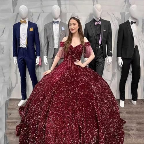 TRHTX Sparkly Sequin Quinceanera Dresses Off Shoulder Ball Gown Long A-line Prom Dresses with Tassels4