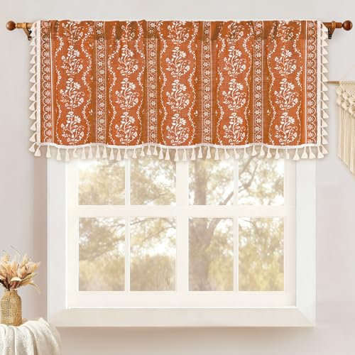 Image of Yinhua Boho Valance Curtains Vintage Linen Orange Kitchen Valances for Windows Light Filtering Bohemian Floral Valance Rod Pocket Farmhouse Tassel Window Valances for Bathroom Cafe, 52 inch W X 18 inch L