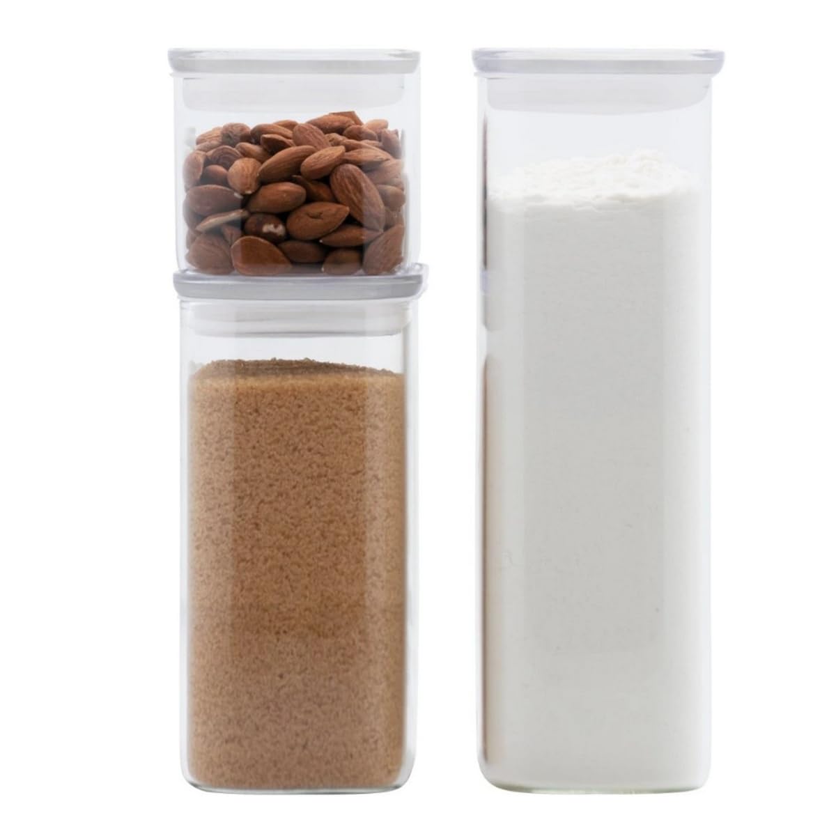 PEBBLY - Set mit 3 hohen und rechteckigen Vorratsdosen aus Glas mit Glasdeckeln – 470 ml, 1,2 l und 1,8 l – optimierte Aufbewahrung für eine organisierte Küche
