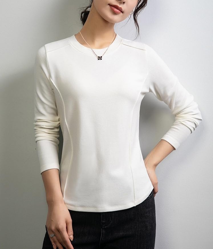Freaswind Dralon Solid Crewneck Tops for Women Autumn Winter Thermal Underwear Warm Long-Sleeved Shirt White