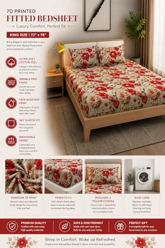 Image of 350 TC Premium Heavy Cotton Feel Elastic Fitted Bedsheet King Size with 2 Pillow Covers || Double Bed with All Around Elastic (Beige Red7D, Fitted Queen-60x78)