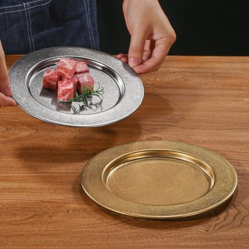 Platos redondos de acero inoxidable 304 con borde ancho para pasta, ensalada, filete y barbacoa, adecuados para uso doméstico y comercial (24 cm, dorado)