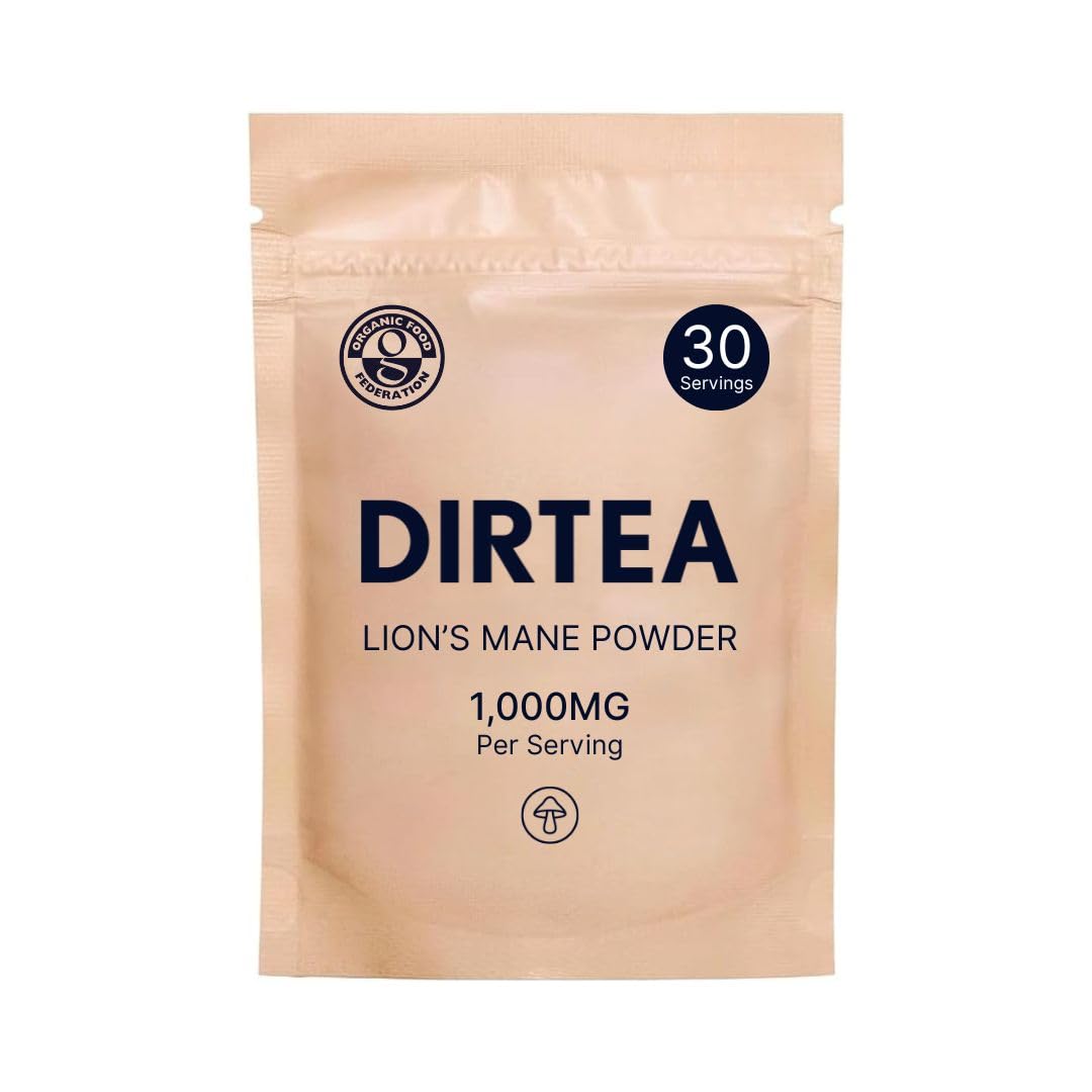 DIRTEA Lions Mane Mushroom Powder | 100% Organic | Vegan | Non GMO | Cognitive Function Support and Memory Booster Nootropic - Premium Lion's Mane Extract | Pouch 60g - 30 Day Serving