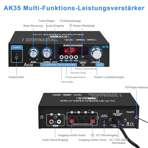 Image of AK35 Mini Bluetooth 5.0 Stereo Digital Amplifier 300 W HiFi Power Amplifier with Bass, Treble Tuner for Home Speaker