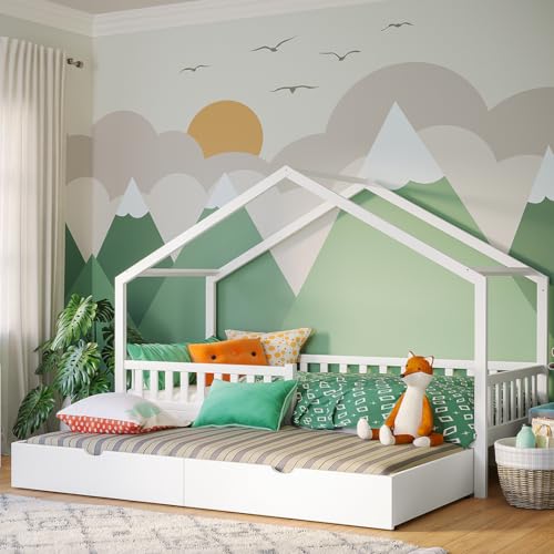 Bellabino Vils Kinderbett 90x200 cm – Hausbett ausziehbar mit Rausfallschutz & Lattenrost in Weiß – Montessori Kinder Bett aus Kiefer Massivholz – Kleinkindbett inkl. Gästebett für Jungen und Mädchen