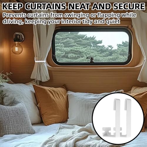 Image of TonGass 4-Pack RV Curtain Holders with Screws (White) - Camper & Motorhome Curtain Clips for Window Drapes, Heavy-Duty Plastic Retainers for RV, Boat, and Trailer Curtains