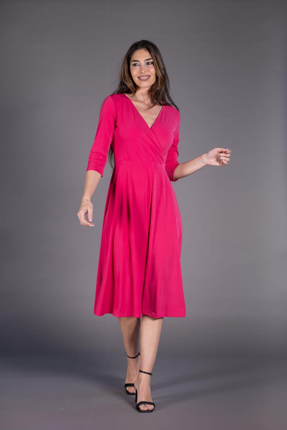 Julie d Orleac Vestido Mujer Midi Escote Pico Cruzado – Manga Francesa, Punto de Seda, Corte Debajo del Pecho, Elegante, Fabricado en España