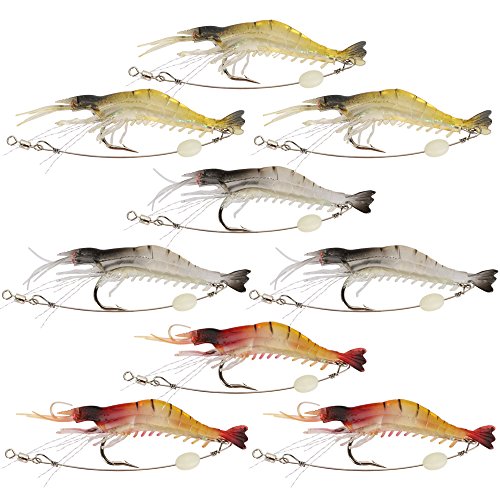 Goture Soft Shrimp Lures Fishing Saltwater Luminous Shrimp Bait Set Fishing Lures with Sharp Hooks for Freshwater Saltwater Trout Bass Salmon Crappie Walleye Pike Perch, Pack of 9