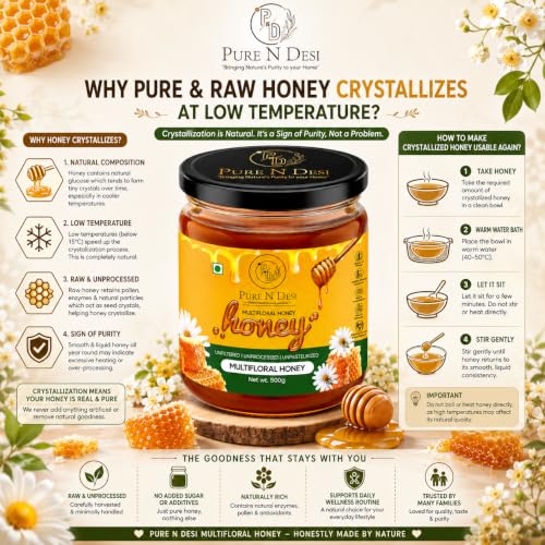 Image of PURE N DESI Multifloral Honey 500g | Raw Unfiltered Honey Glass Jar | Raw Multifloral Honey collected from diverse blossoms for a naturally rich floral taste.