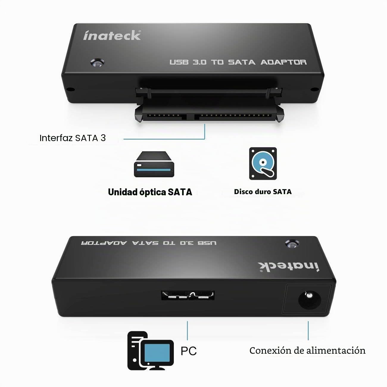 Inateck USB 3.0 a SATA Adaptador Convertidor para 2.5/3.5 Pulgadas Disco Duro HDD SSD con 12V/2A Fuente de Alimentación, Cable sata USB 3.0, Negro