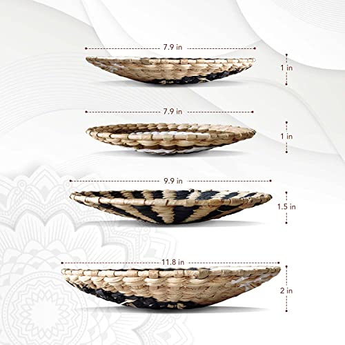 Woven Boho Macrame Wall Hanging Set Of 4 - Black, Brown & White - Large Wicker Wall Basket Decor - Hook Attached For Easy Hanging - Handmade Farmhouse Bedroom Wall Decor Above Bed #TOP4