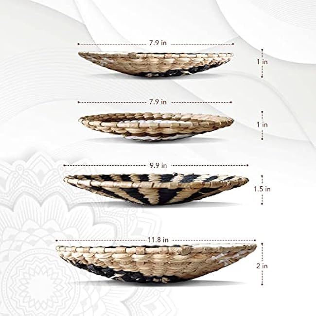 Wall Basket Decor Set of 4 - Black, Brown & White - Woven Macrame Wall Baskets - Hook Attached for EASY Hanging - Boho Wall Decor for Farmhouse Style - Rattan baskets