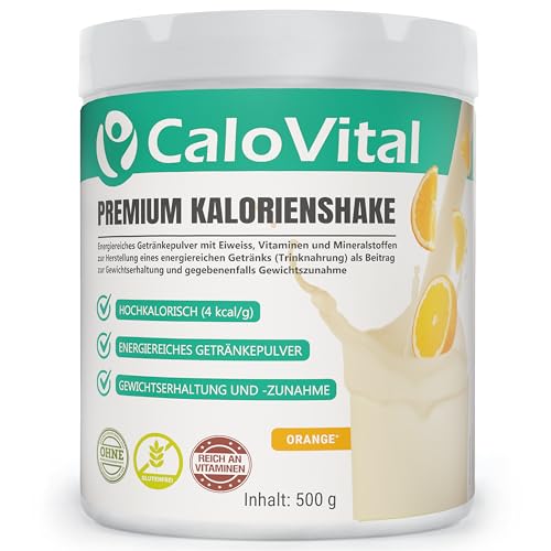 CaloVital Hochkalorische Trinknahrung für gezielte Gewichtszunahme & Energiezufuhr | Hochdosiert mit vielen Vitaminen + Mineralstoffen + Eiweiß | Kalorien Shake zum Zunehmen (500 g, Orange 500g)