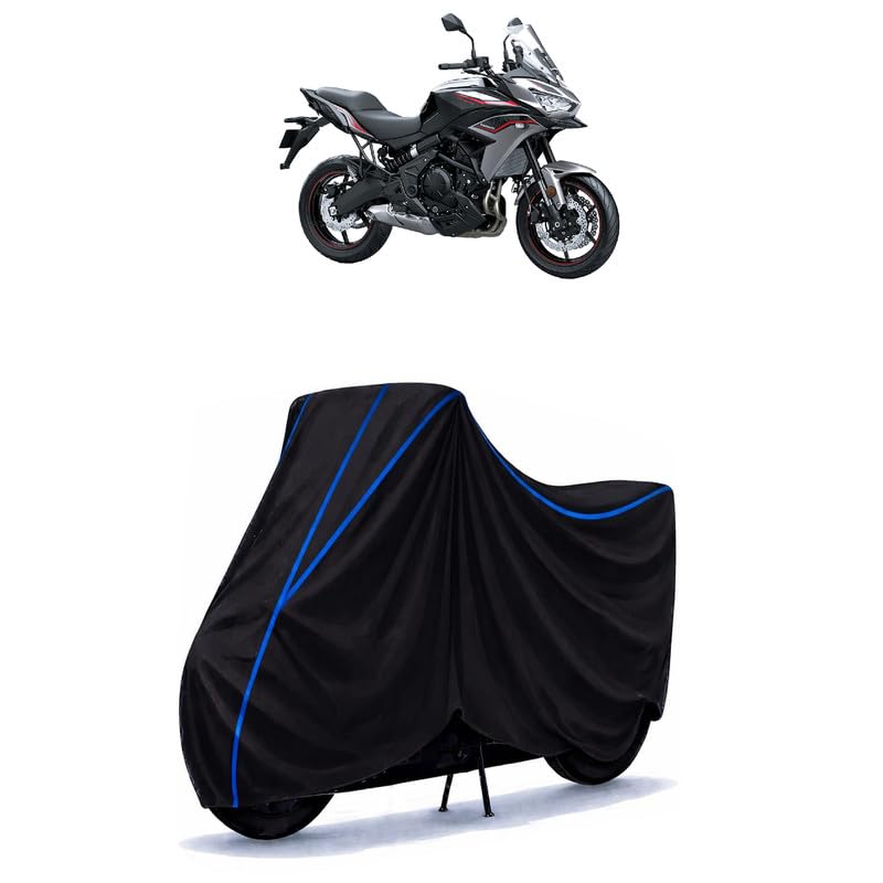 Image of Versys 650 Bike Cover Water Resistant Universal Motorcycle Rain | Heavy Duty UV Protection, Dust, Scratch Indoor Outdoor All Weather with Black Blue Piping Elastic
