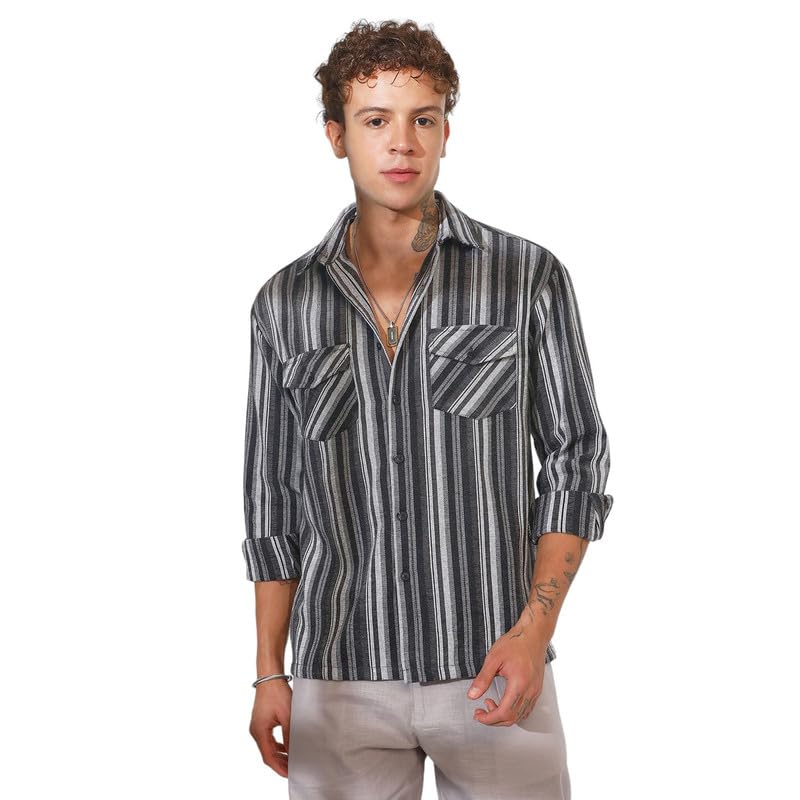Image of CAHOOT Men's Multitrack Striped Oversized Shirt for Casual Wear | Spread Collar | Long Sleeve | Button Closure | Oversized Shirt Crafted with Comfort Fit for Everyday Wear