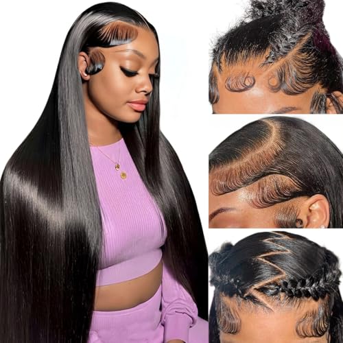 Hermosa 13x6 HD Lace Front Wigs Human Hair Pre Plucked Pre Bleached Knots 180% Density Brazilian Straight Human Hair Wigs For Women Natural Hairline 26 inch