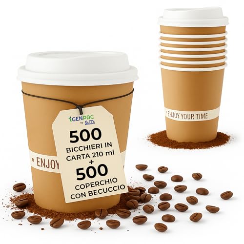 GM - 500 Bicchieri Cappuccino 210 ml Marroni con Coperchio in PS a Beccuccio – Bicchieri e Coperchi Usa e Getta Resistenti, Ideali per Asporto Bevande Calde, Bar, Caffetterie, Uffici