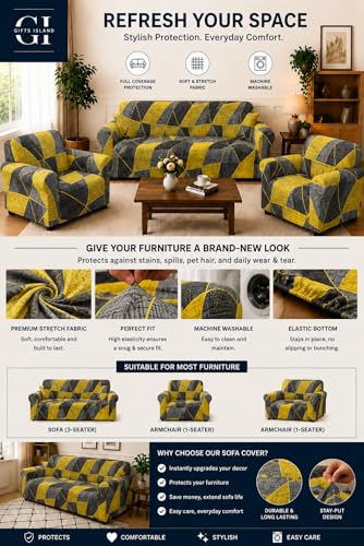 Image of Gifts Island Sofa Cover 3 Seater and 2 Seater Fully Covered Universal 5 Seater Sofa Cover Non-Slip Sticky Elastic Stretchable Sofa Set Slipcover Protector for (3+1+1 Seater) (Yellow Prism)