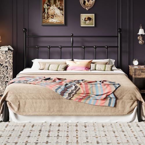 Image of SHA CERLIN King Size Metal Platform Bed Frame with Victorian Vintage Headboard /Under Bed Storage /No Box Spring Needed /Easy Assembly /Noise Free /Mattress Foundation /Black