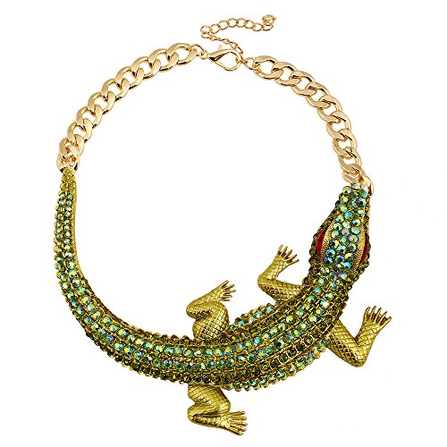 Chunky Exaggerated Crocodile Statement Collar Necklace Green Rhinestone for Women Large Punk Gothic Alligator Animal Bib Choker Fashion Hip Hop Stylish Crystal Gator Necklaces Halloween Cosplay Jewelry Party Prom Gifts