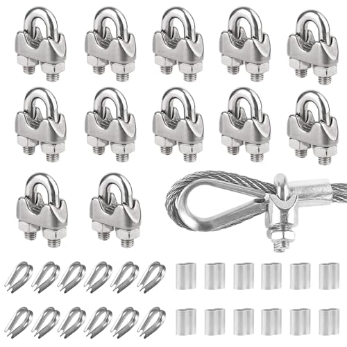RXKFIGX 12 Piezas Juego de Accesorios de Cuerda de Alambre M3, Incluye Abrazadera de Cable M3,Dedal de Acero Inoxidable M3,Funda de Bucle de Aluminio de 3 mm,Perno En U Sujetacables para Cable de