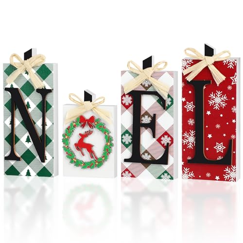 Christmas Wooden Noel Decorations,4Pcs Rustic Christmas Table Sign Decor,Letter Freestanding Xmas Centerpiece Table Tiered Tray Sign for Indoor Party New Year Winter Holiday Home Fireplace