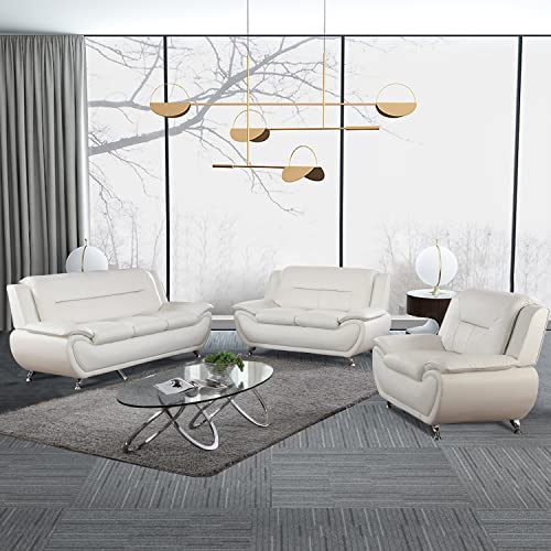 Weiiaihua Modern 3-Piece Living Room Set, Faux Leather Sofa Set with 6 Seats, White
