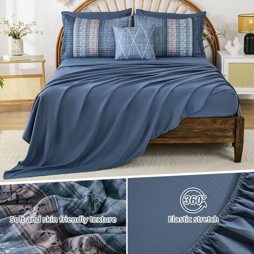 Image of Dintszyayue Blue Comforter Set Cal King Size, 8 Pieces Boho Striped Bed in a Bag Soft Microfiber Bedding Set for All Season